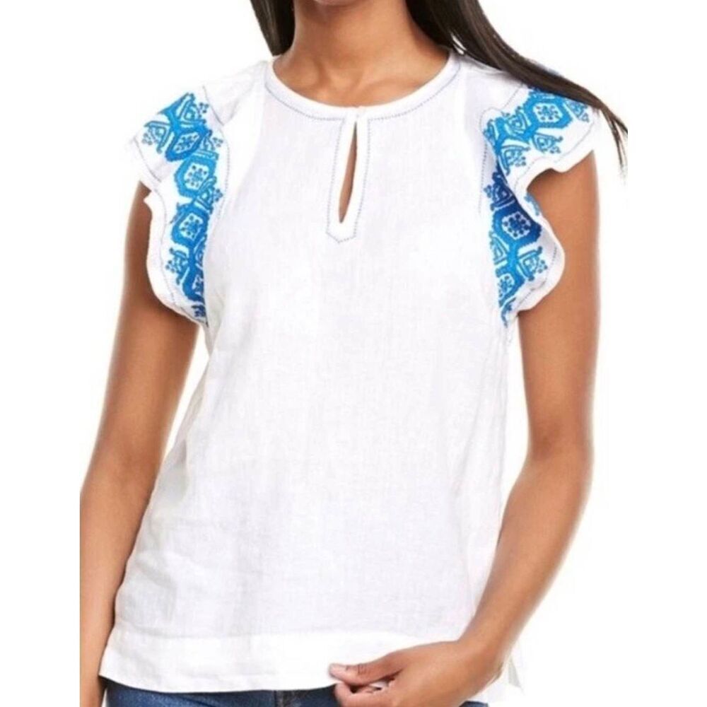 J. Crew Women's White Linen w Blue Embroidery Ruffle Sleeves Top